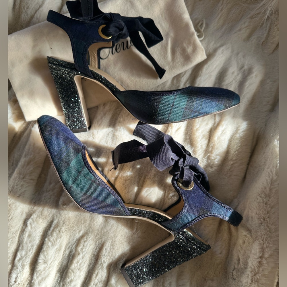 J CREW | Avery Black Watch Tartan Plaid Ankle-Tie Glitter Heels - Picture 5 of 14